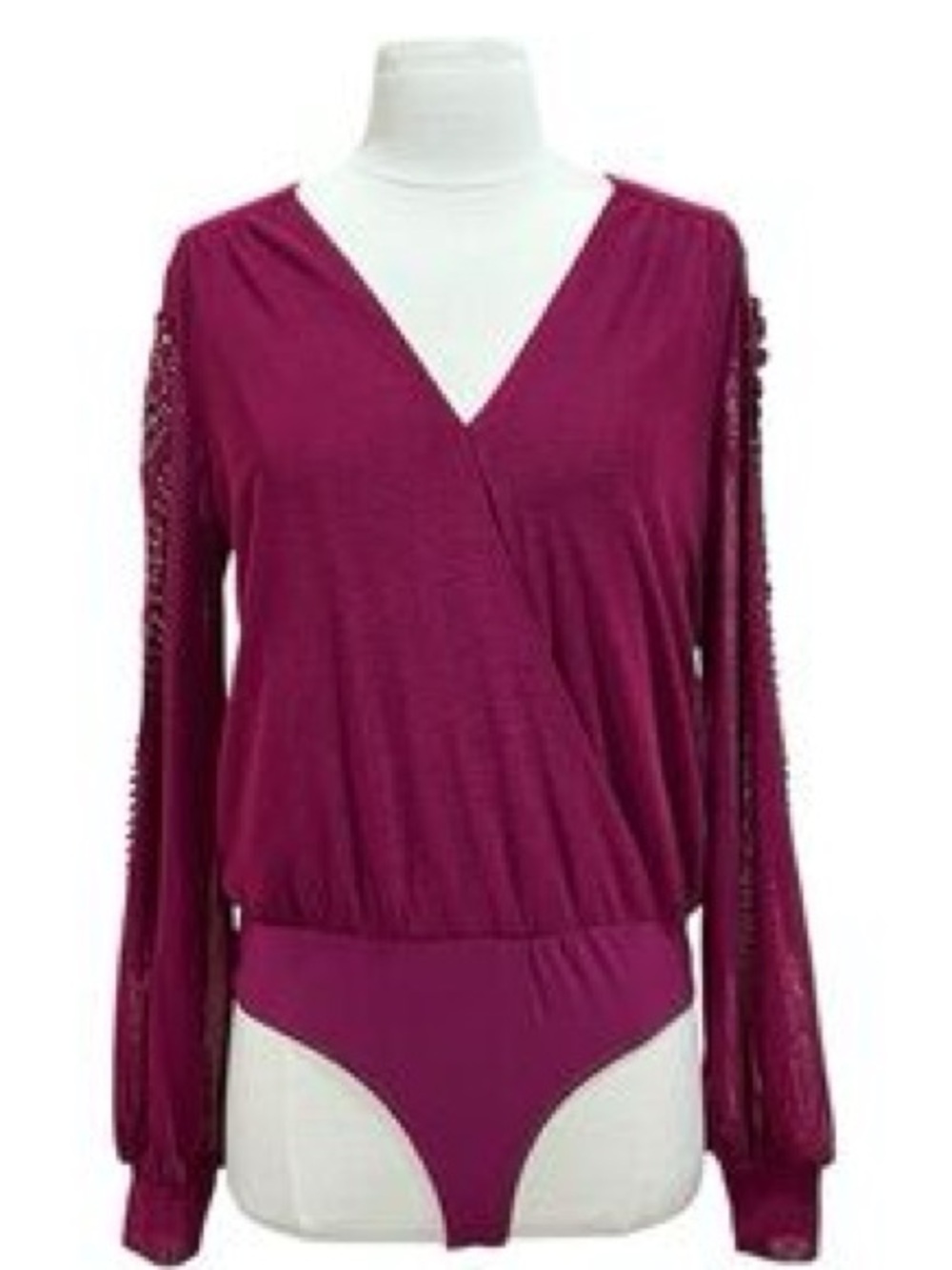 Embellished Magenta Long-Sleeve V-Neck Bodysuit